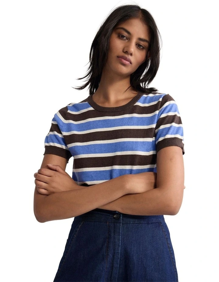 Grace Striped Knit Top in Chocolate/Ivory/Blue image 4
