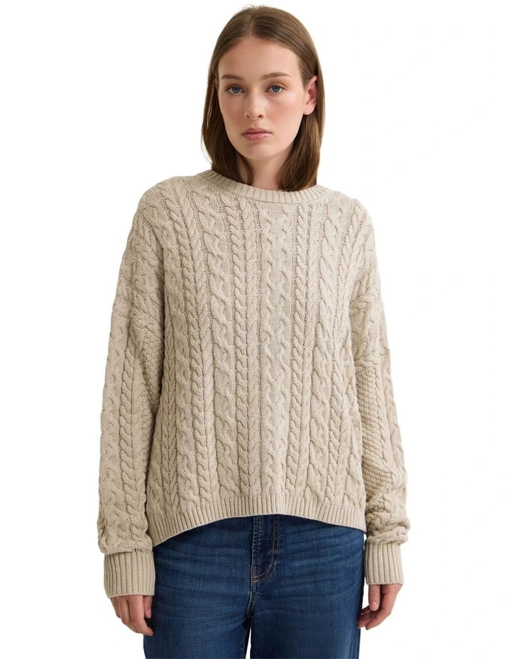 Evie Cable Knit Crew Neck in Melange Beige image 1