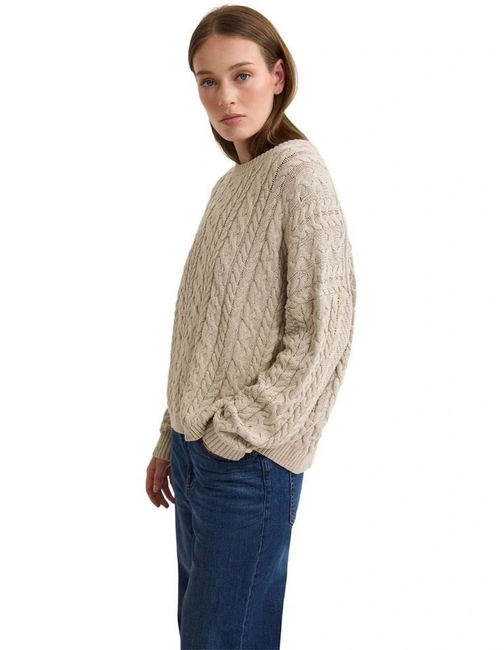 Evie Cable Knit Crew Neck in Melange Beige image 3