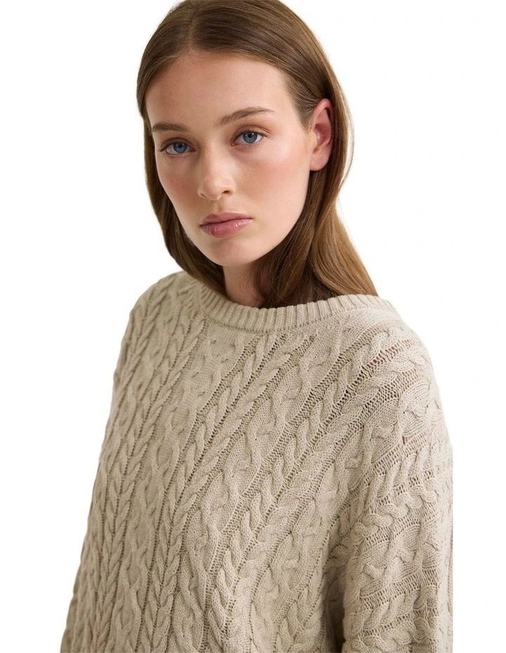 Evie Cable Knit Crew Neck in Melange Beige image 4