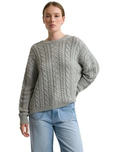 Evie Cable Knit Crew Neck in Melange Grey