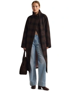 Edi Check Funnel Collar Wool Coat in Chocolate/Black