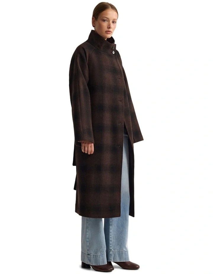 Edi Check Funnel Collar Wool Coat in Chocolate/Black image 3