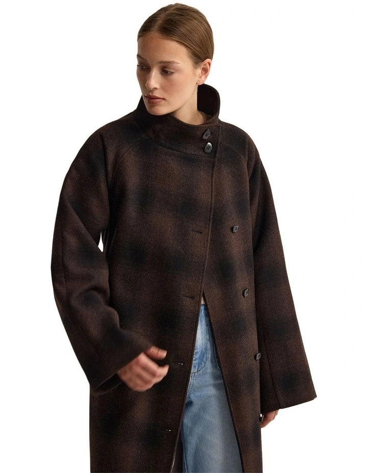 Edi Check Funnel Collar Wool Coat in Chocolate/Black image 4