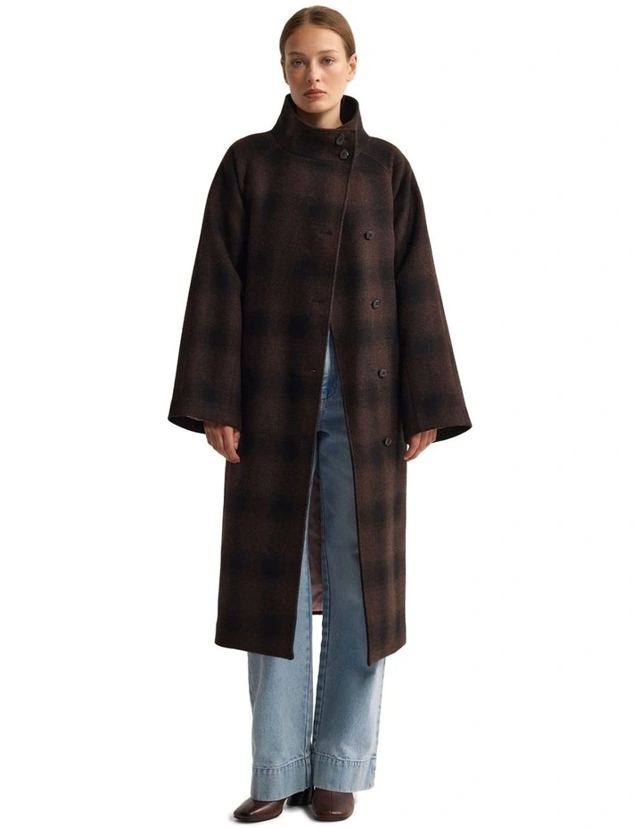 Edi Check Funnel Collar Wool Coat in Chocolate/Black image 5