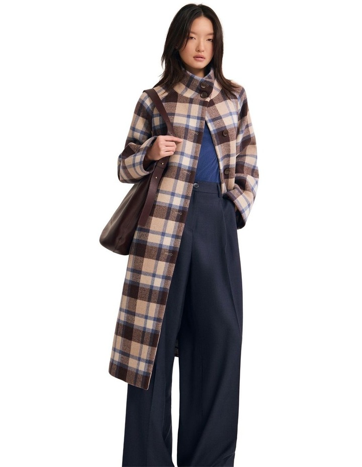 Oxford Edi Checked Funnel Collar Coat in Brown/Blue Check | MYER