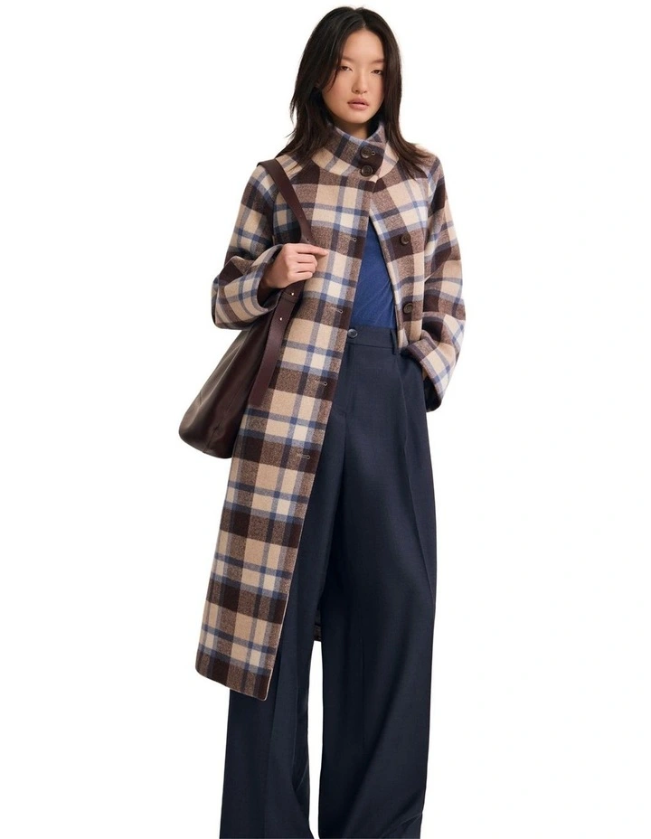 Edi Checked Funnel Collar Coat in Brown/Blue Check image 1