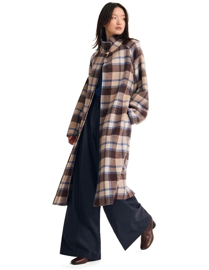 Edi Checked Funnel Collar Coat in Brown/Blue Check image 3