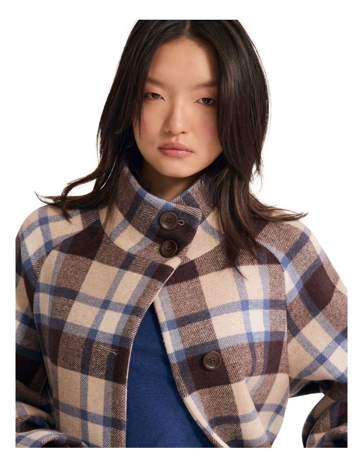 Edi Checked Funnel Collar Coat in Brown/Blue Check image 4