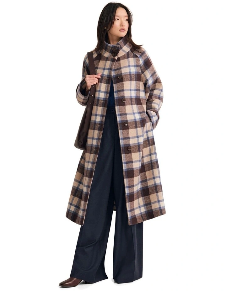 Edi Checked Funnel Collar Coat in Brown/Blue Check image 5