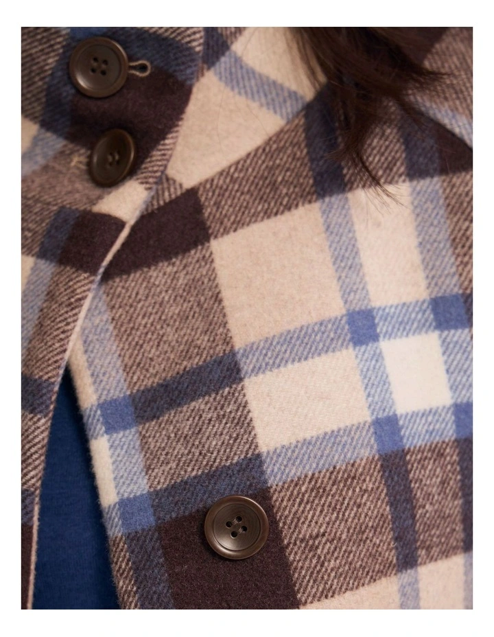Edi Checked Funnel Collar Coat in Brown/Blue Check image 6