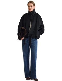 Emma Wool Blend Funnel Trim Jacket in Black