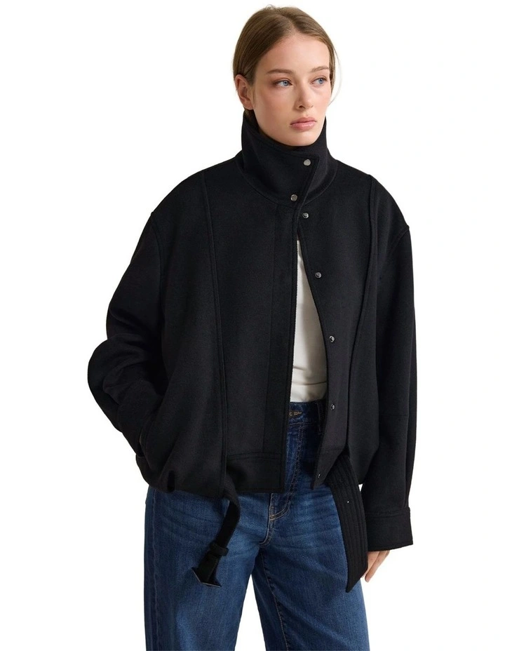 Emma Wool Blend Funnel Trim Jacket in Black image 4