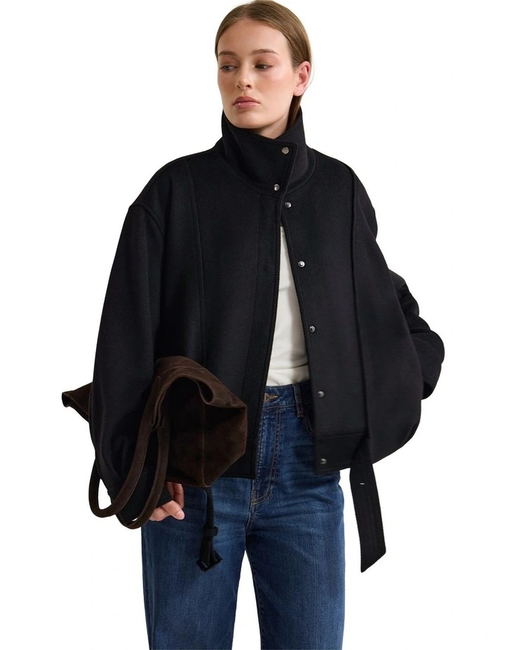 Emma Wool Blend Funnel Trim Jacket in Black image 5