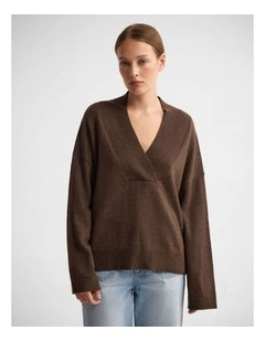 Camille V-Neck Wool Blend Knit in Chocolate