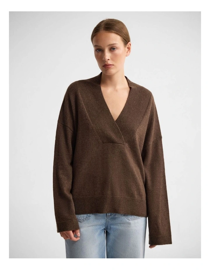 Camille V-Neck Wool Blend Knit in Chocolate image 1