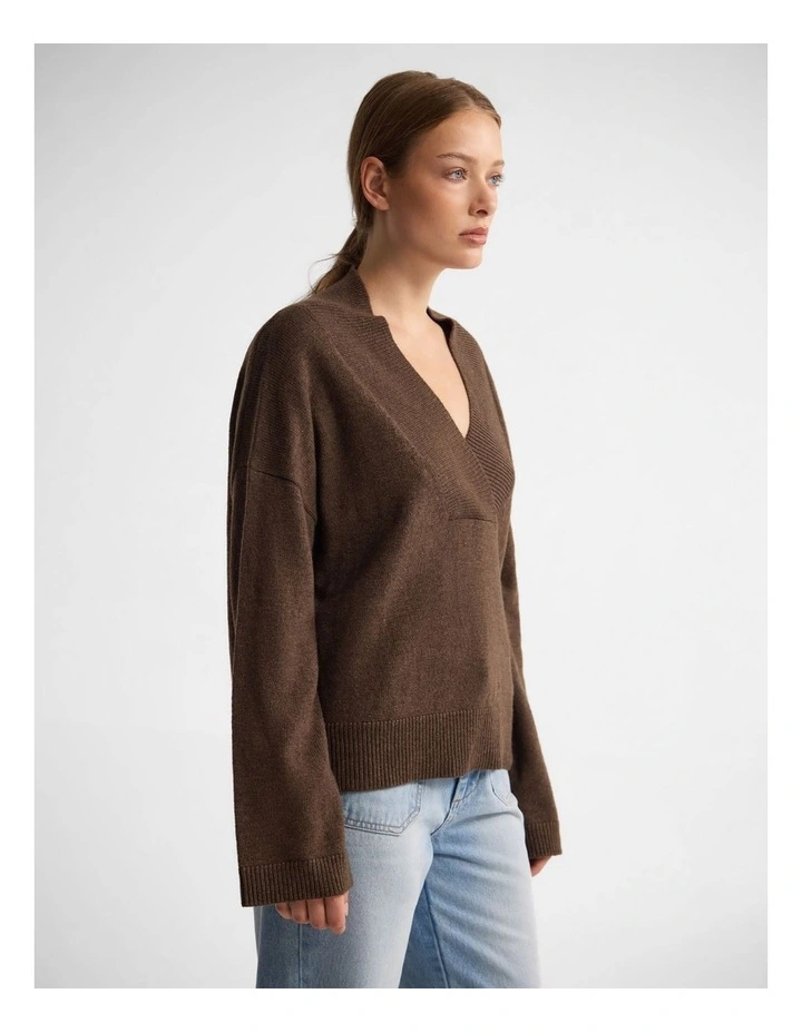 Camille V-Neck Wool Blend Knit in Chocolate image 3