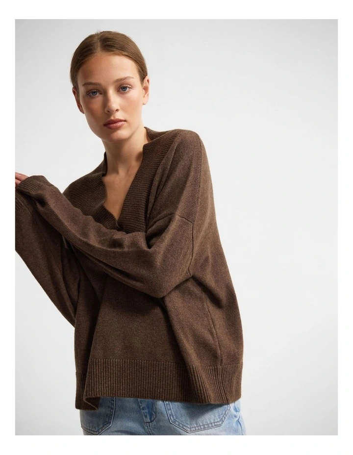 Camille V-Neck Wool Blend Knit in Chocolate image 4