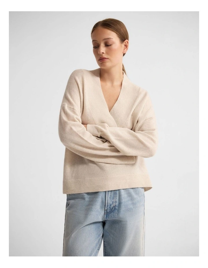 Camille V-Neck Wool Blend Knit in Ivory image 1