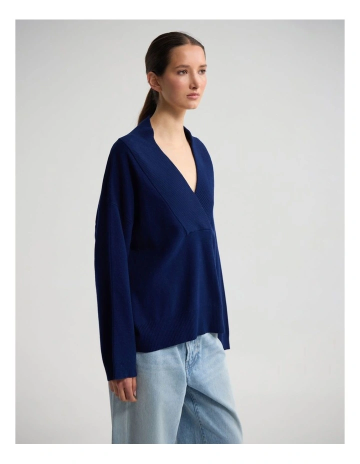 Pia Cotton V-Neck Knit in Navy image 3