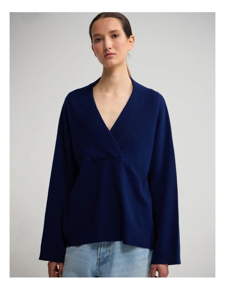 Pia Cotton V-Neck Knit in Navy image 5