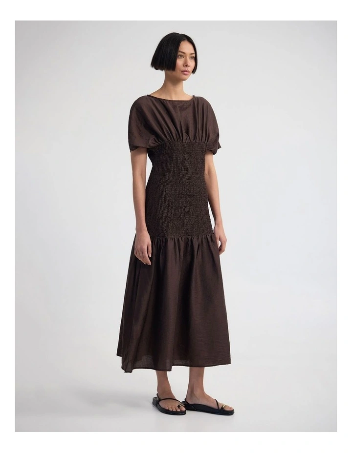 Kit Shirred Dress in Chocolate image 3