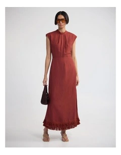 ingrid Fringe Trim Linen Blend Dress in Spice