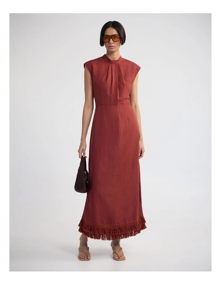 ingrid Fringe Trim Linen Blend Dress in Spice image 1