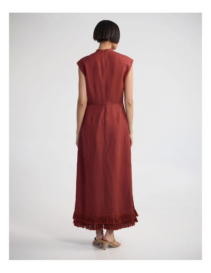 ingrid Fringe Trim Linen Blend Dress in Spice image 2