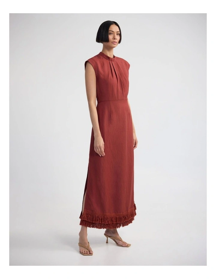 ingrid Fringe Trim Linen Blend Dress in Spice image 3