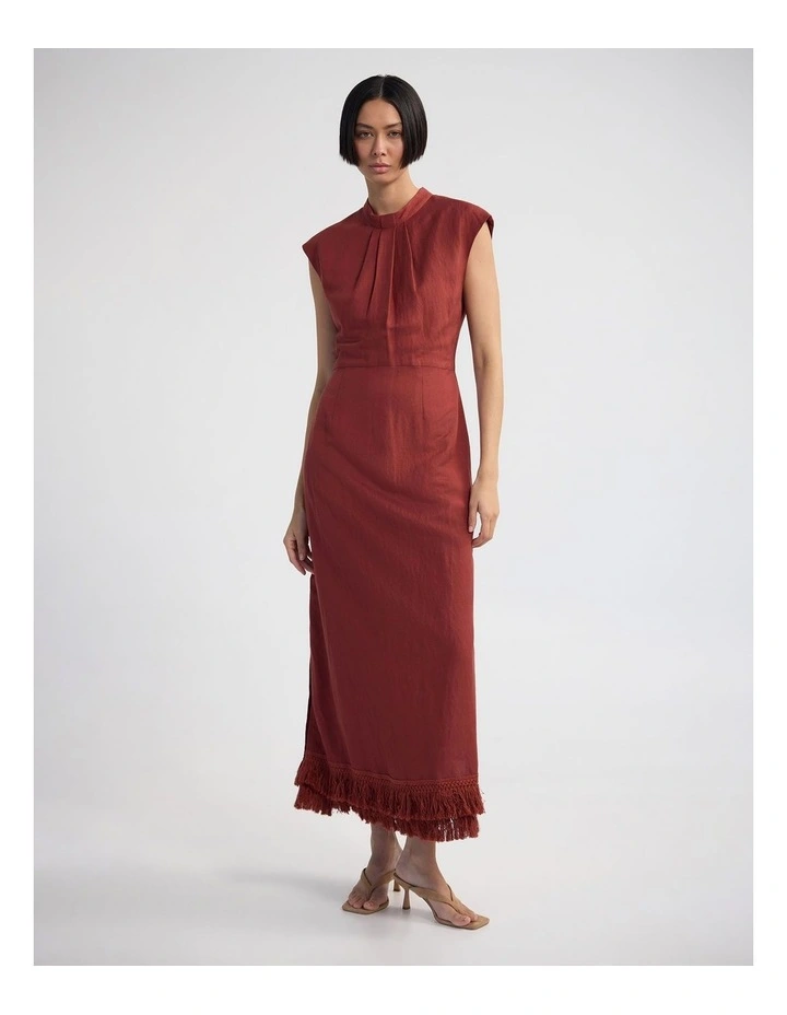 ingrid Fringe Trim Linen Blend Dress in Spice image 4
