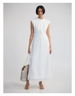 ingrid Fringe Trim Linen Blend Dress in Ivory
