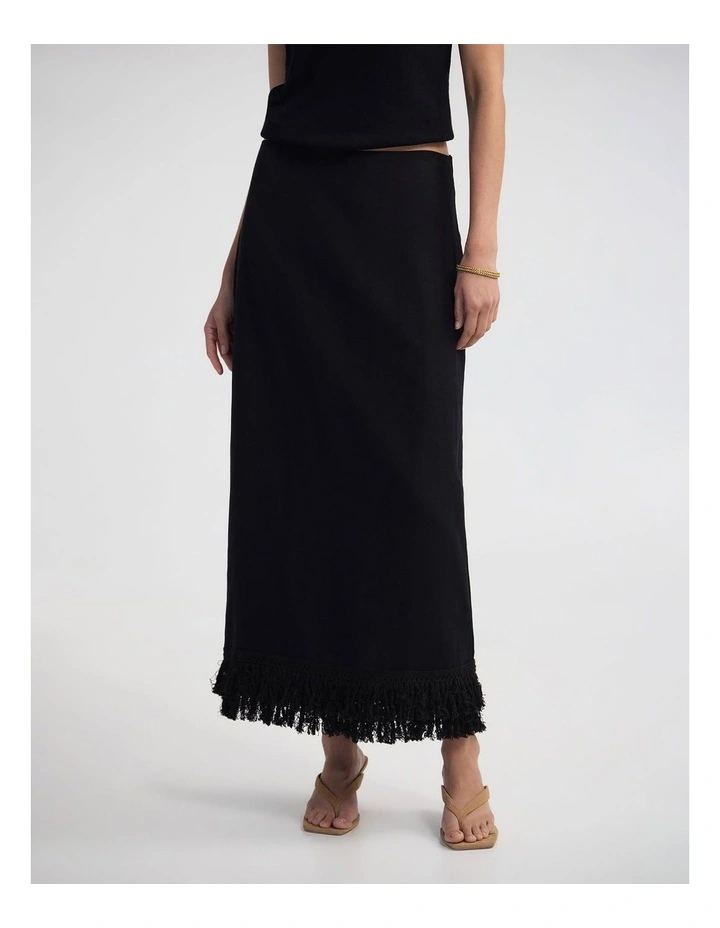 Gabrielle Linen Blend Fringed Skirt in Black image 1