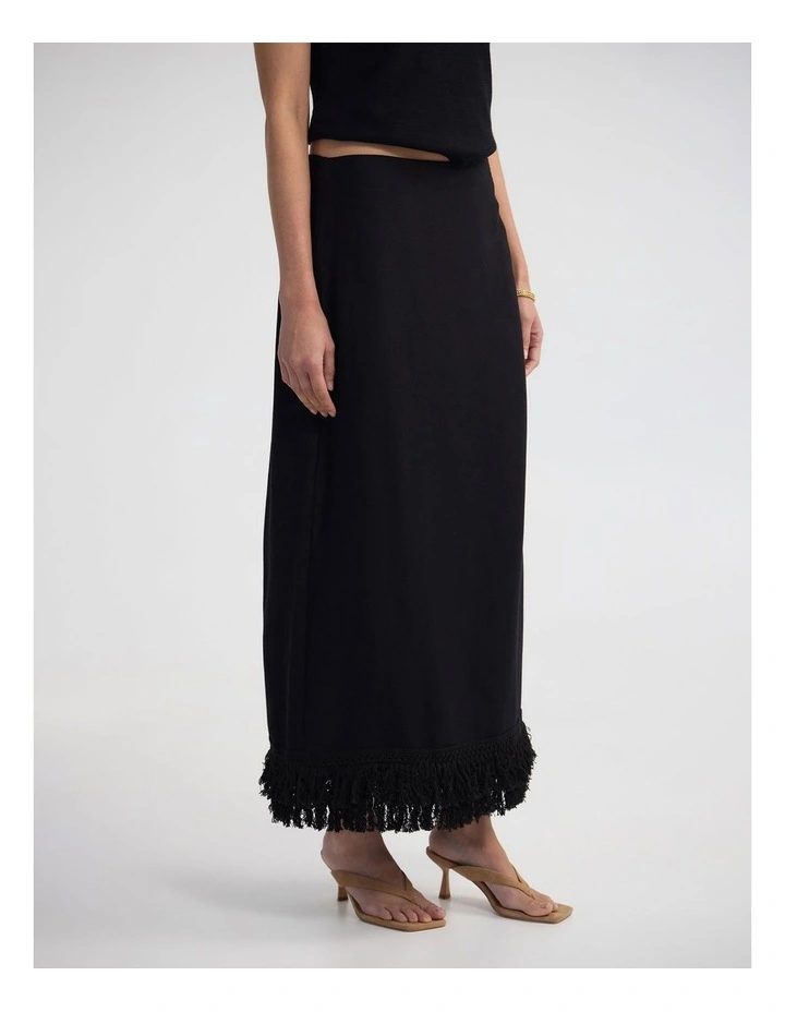 Gabrielle Linen Blend Fringed Skirt in Black image 3