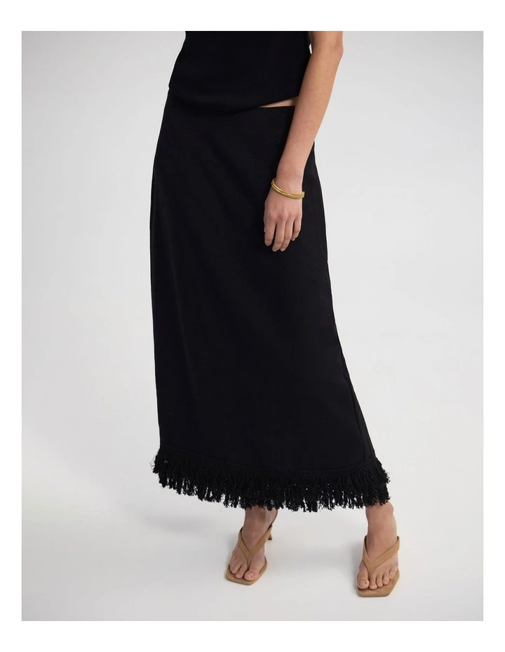 Gabrielle Linen Blend Fringed Skirt in Black image 4