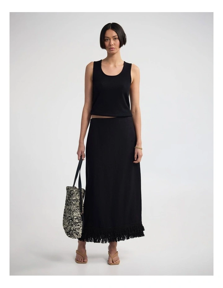 Gabrielle Linen Blend Fringed Skirt in Black image 5