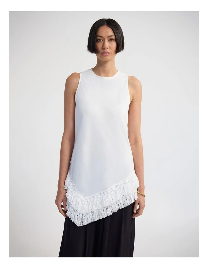 Eloise Fringe Trim Linen Blend Top in Ivory image 1