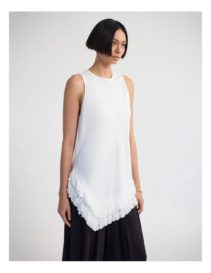Eloise Fringe Trim Linen Blend Top in Ivory image 3