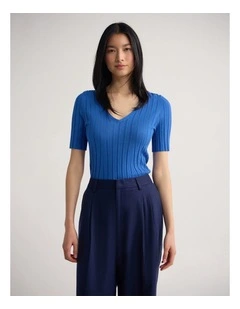 Lucy Rib V-Neck Knit in Blue