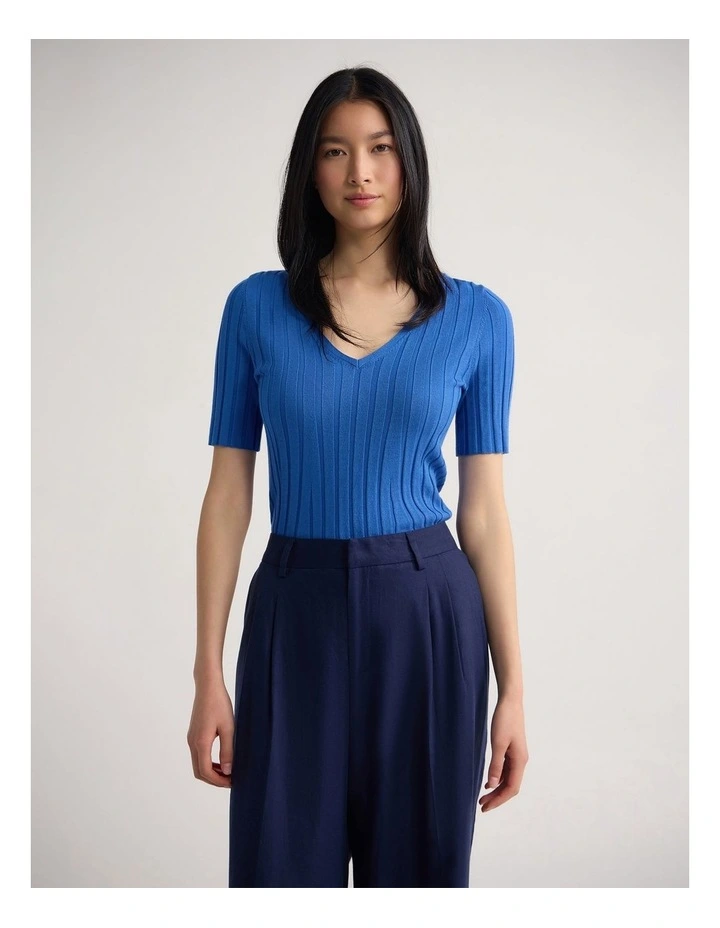 Lucy Rib V-Neck Knit in Blue image 1