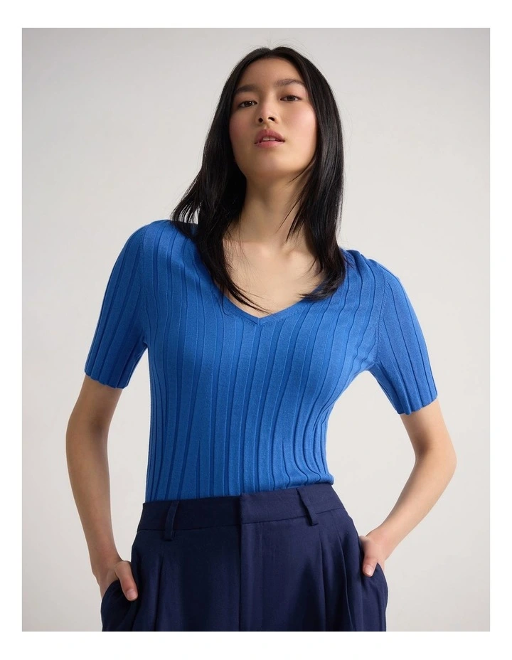 Lucy Rib V-Neck Knit in Blue image 4