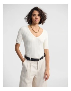 Lucy Rib V-Neck Knit in Ivory