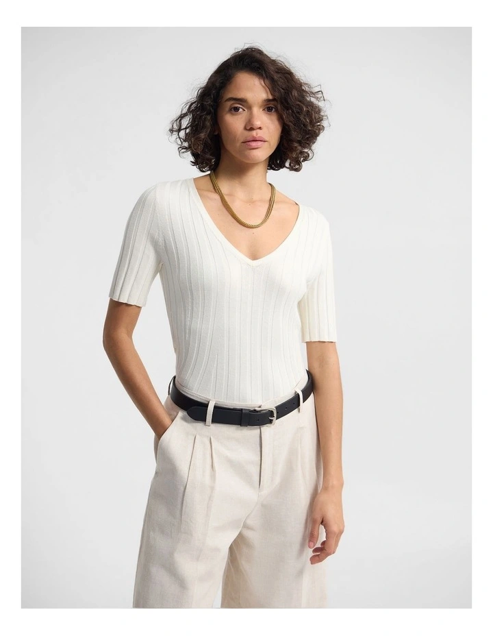 Lucy Rib V-Neck Knit in Ivory image 1