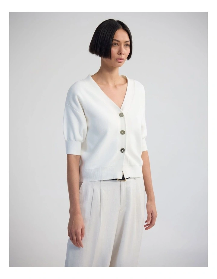 Monica Puffer Sleeve Cardigan in Ivory image 3