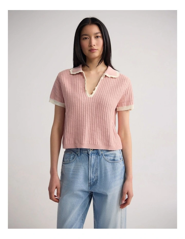Talia Polo Knit in Pink/Cream image 1