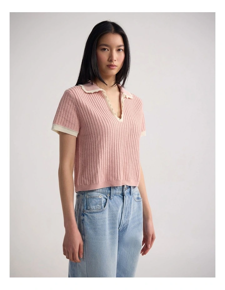 Talia Polo Knit in Pink/Cream image 3