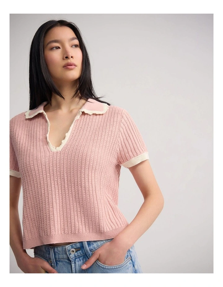 Talia Polo Knit in Pink/Cream image 4
