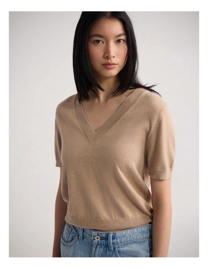 Charlotte Cashmere Blend V-Neck in Latte image 4