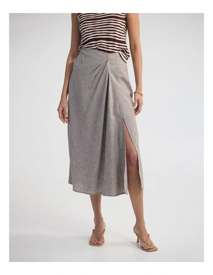 Nadia Linen Blend Pinstriped Skirt in Mocha image 1