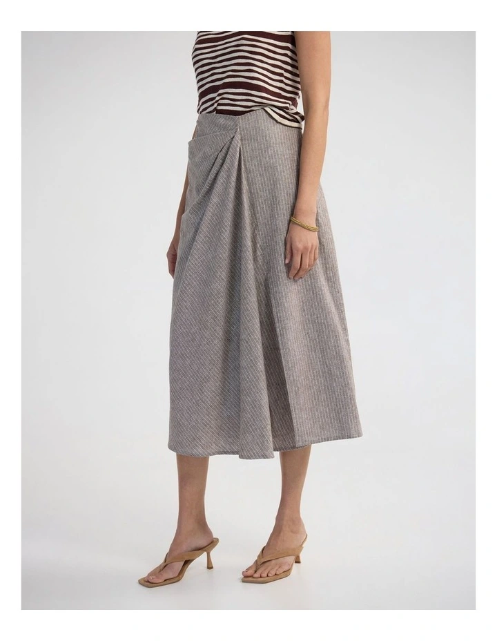 Nadia Linen Blend Pinstriped Skirt in Mocha image 3